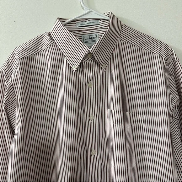L.L. Bean Men’s Long Sleeve button down shirt Burgundy White Stripes Sz 16 - 35 - Picture 2 of 7